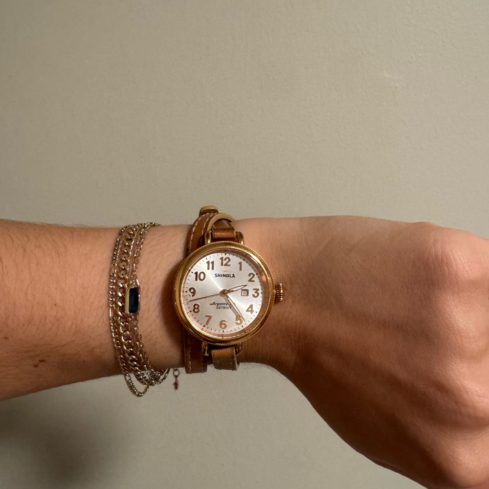 Shinola Gold Watch with Brown Leather Strap